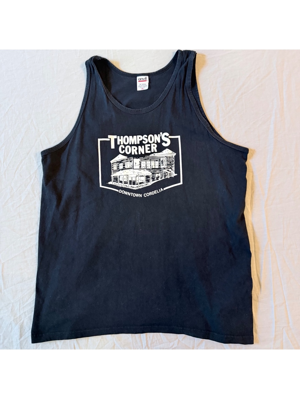 Anvil Men's Black Cotton Tank Top with Thompson's Corner Downtown Cordelia White